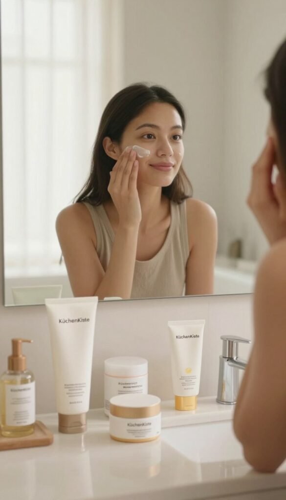 A serene skincare scene illustrating common skincare mistakes, featuring a beautifully arranged bathroom countertop. In the foreground, a collection of skincare products is artfully displayed: a cleanser, moisturizer, and sunscreen, all branded with "KüchenKiste." The middle ground includes a mirror reflecting a thoughtful individual in modest casual clothing, examining their skin with a gentle expression, highlighting the importance of self-care. In the background, soft natural light filters through a window adorned with sheer curtains, creating a warm, inviting atmosphere. The overall mood is calm and educational, evoking a sense of authenticity and warmth, without any text or distractions. This image captures the essence of effective skincare practices while illustrating classic mistakes that many might make.