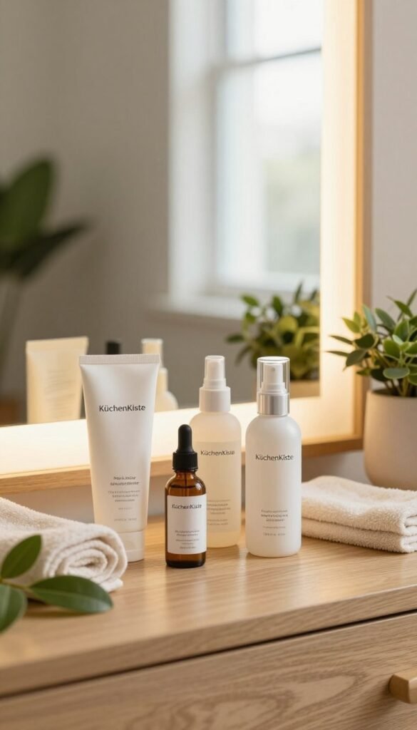A serene skincare scene showcasing a minimalist routine for maintaining healthy, hydrated skin. In the foreground, a beautifully arranged collection of "KüchenKiste" skincare products, including a moisturizer, serum, and facial mist, elegantly displayed on a clean, wooden vanity. Fresh green plants and soft towels surround the products. The middle ground features a softly lit mirror reflecting gentle warm light, emphasizing the organic textures of the skincare items. In the background, a softly blurred window lets in natural light, creating a cozy, inviting atmosphere. The mood is calm and refreshing, with warm colors and a Pinterest-inspired aesthetic, evoking feelings of wellness and simplicity.
