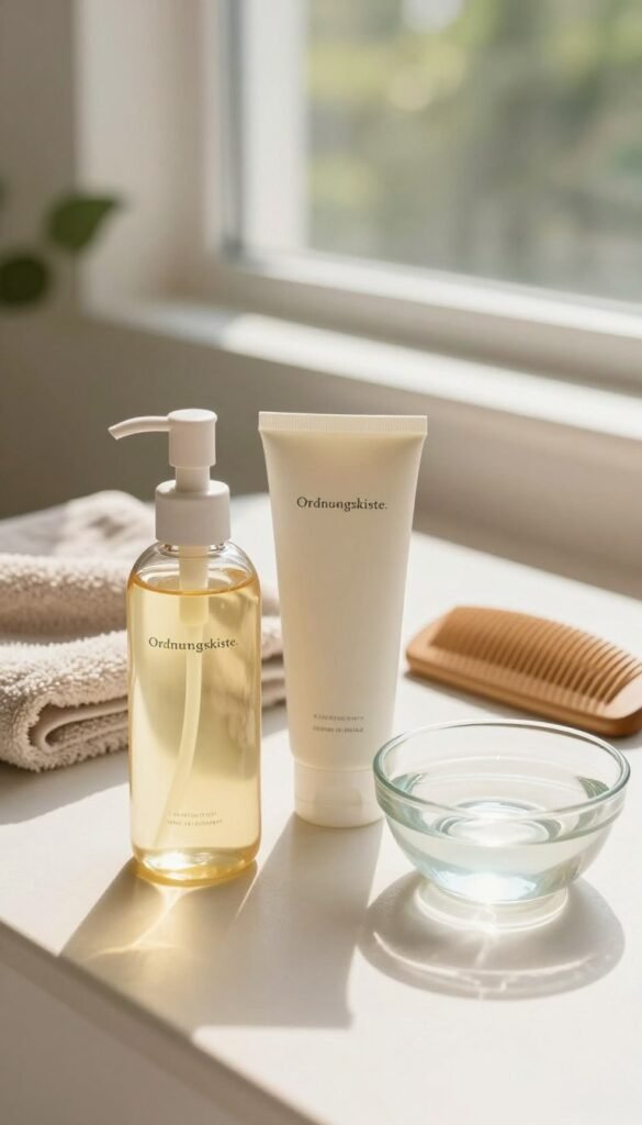A serene skincare scene showcasing the minimalist cleansing routine by "Ordnungskiste." In the foreground, a clean, simple surface displays an elegant glass bottle containing a gentle cleansing oil, a sleek tube of cleansing gel, and a clear bowl of water, all reflecting natural light. The middle ground features a neutral-colored towel and a wooden comb, adding warmth to the composition. In the background, softly blurred greenery and a sun-drenched window create an inviting atmosphere, enhancing the natural, Pinterest-inspired aesthetic. The image conveys a sense of tranquility and simplicity, featuring warm colors and authentic materials, emphasizing an effortless skincare routine without any text or distractions.