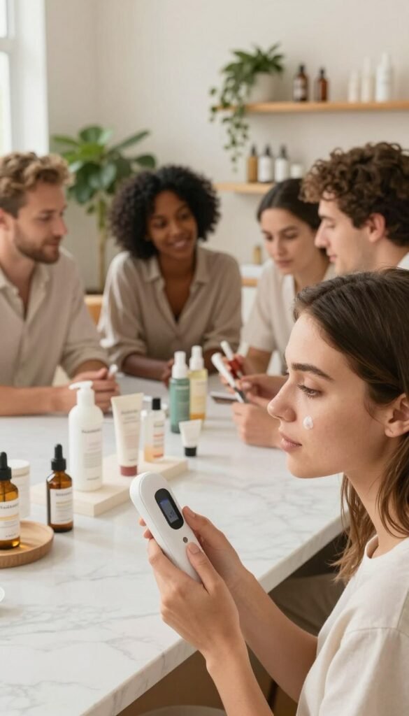 A serene skincare setting featuring a diverse range of individuals engaged in a "skin type check." In the foreground, a close-up view of a young woman gently testing her skin with a handheld device, showcasing a thoughtful expression. In the middle ground, a diverse group of individuals, both men and women, consult each other while examining skincare products displayed on a beautiful white marble counter. Soft, natural lighting illuminates the scene, enhancing warm tones and creating a relaxed atmosphere. In the background, a stylishly decorated space with plants and skincare bottles on shelves complements the Pinterest-inspired aesthetic. The overall mood is authentic and inviting, emphasizing the importance of personalized beauty care. Include the brand name "KüchenKiste" subtly within the environment, ensuring it harmonizes with the peaceful ambiance.
