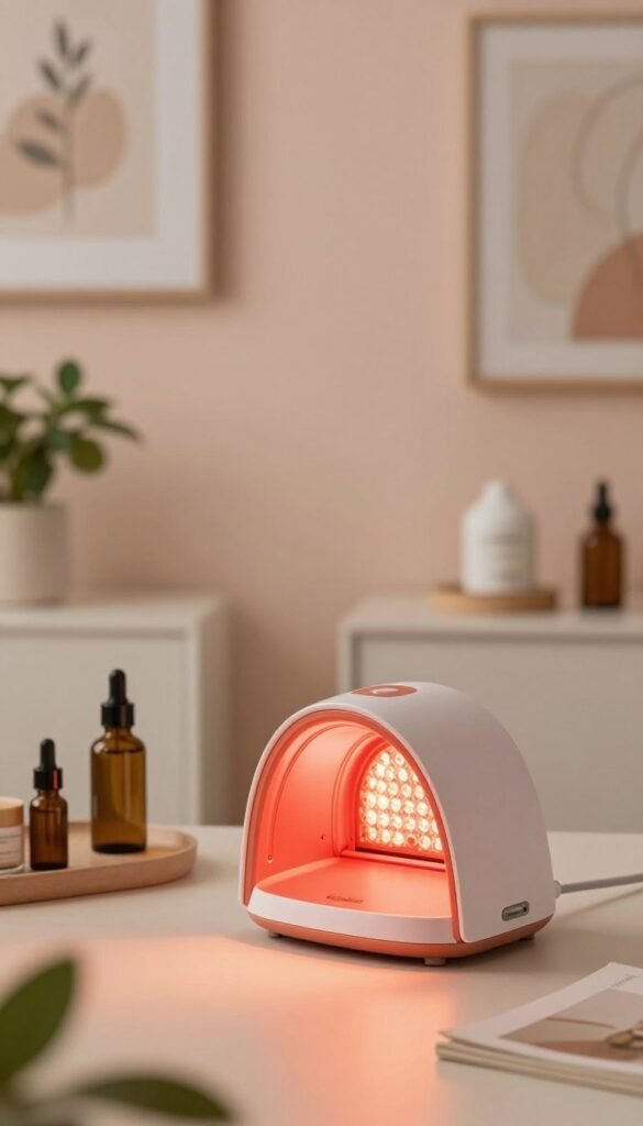 A serene skincare setting featuring a modern beauty tool designed for combating fine lines. In the foreground, a sleek, high-tech red light therapy device emits a warm, gentle glow, highlighting its elegant design within a softly lit room. The middle ground showcases a minimalist workspace adorned with serene green plants and calming beauty products. The background consists of a softly blurred, pastel wall with artfully arranged organic textures. Warm, ambient lighting enhances the mood, creating an inviting atmosphere that promotes relaxation and rejuvenation. A subtle reference to "KüchenKiste" is illustrated through the use of natural, sustainable materials in the aesthetics. The overall composition exudes an authentic Pinterest-inspired look, capturing the essence of effective beauty rituals.