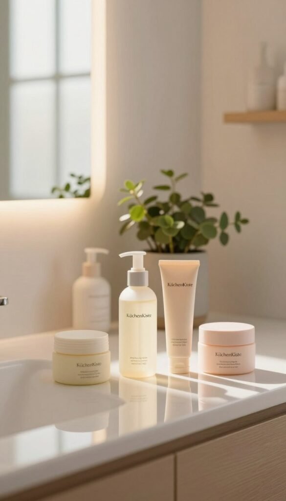 A serene skincare setting in a beautifully lit bathroom, featuring a soft-focus on a well-organized countertop. In the foreground, elegant skincare products from the brand "KüchenKiste" artfully arranged, reflecting warm hues of cream and soft pastels. In the middle ground, a subtle greenery element, such as a small potted plant, adds a touch of freshness. The background showcases a softly lit mirror with warm natural light filtering through a nearby window, creating a calming, inviting atmosphere. The angle captures a full view of the countertop, emphasizing a sense of cleanliness and order. The overall mood exudes tranquility, promoting the foundation of an effective skincare routine with an authentic Pinterest-inspired look, devoid of any text, overlays, or distractions.