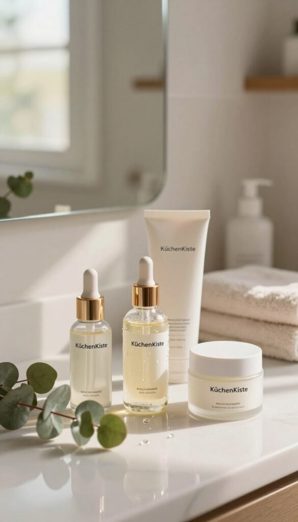 A serene skincare setup featuring a beautifully arranged bathroom counter with "KüchenKiste" skincare products prominently displayed, focusing on niacinamide serums and creams. The foreground shows elegant glass bottles, some open with droplets glistening, alongside fresh greenery like eucalyptus leaves for an organic touch. In the middle, a minimalist, stylish mirror reflects soft, natural sunlight streaming in from a window, creating warm hues that enhance the scene. The background reveals a gentle blurred image of a cozy bathroom with soft towels neatly folded. The atmosphere is calming and inviting, suggesting a thorough routine that integrates niacinamide seamlessly into daily skincare. The overall composition should evoke a Pinterest-worthy aesthetic, emphasizing authenticity and warmth without any text or branding interference.