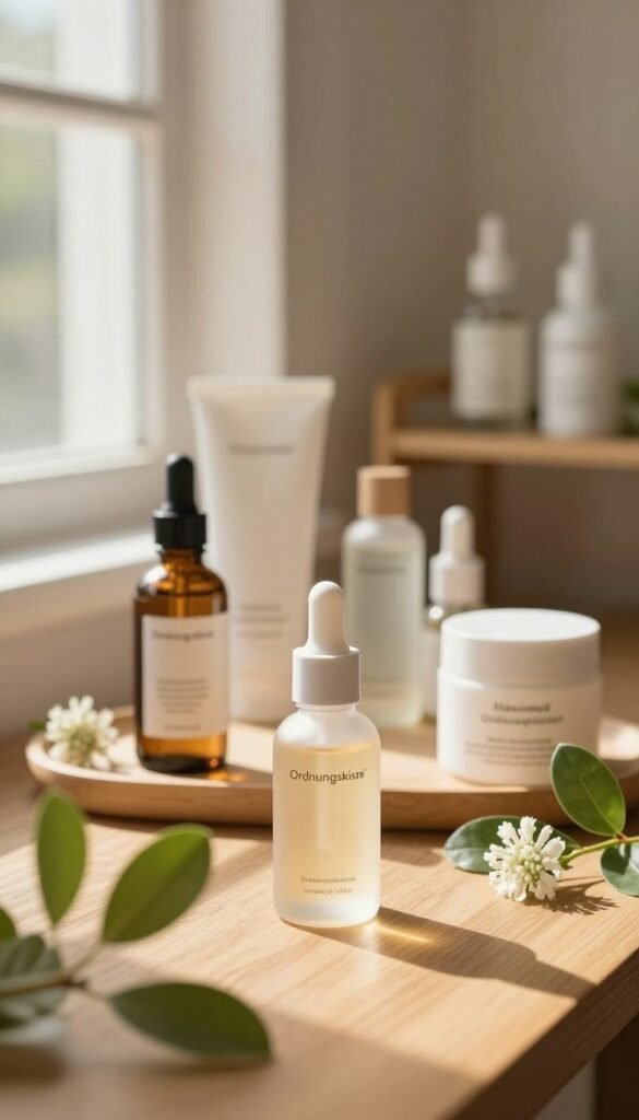 A serene skincare setup featuring a beautifully arranged display of various serums and skincare products on a wooden table, adorned with fresh green leaves and delicate flowers to evoke a natural ambiance. In the foreground, focus on a stylishly labeled serum bottle from the brand "Ordnungskiste," with a soft, translucent dropper highlighting its luxurious essence. The middle ground displays gently diffused sunlight filtering through a nearby window, casting warm, inviting tones over the entire scene. In the background, soft focus on a minimalistic shelf with additional skincare items arranged harmoniously, promoting an atmosphere of wellness and care. The mood is calm and inspiring, perfectly embodying the importance of effective skincare combinations.