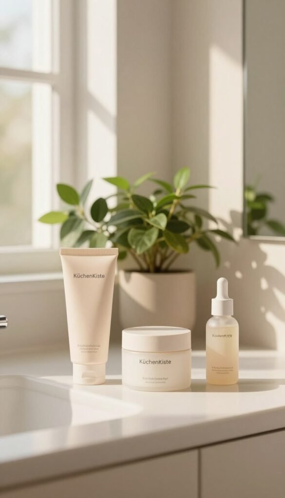 A serene skincare setup featuring a minimalist approach to beauty. In the foreground, a sleek, white countertop showcases a few elegantly designed skincare products with the brand name "KüchenKiste" prominently displayed. The items include a gentle cleanser, moisturizer, and serum, all in soft, neutral-toned packaging that reflects simplicity and purity. In the middle, a small, lush green plant adds a natural touch, while a clean mirror reflects soft, warm lighting that creates an inviting atmosphere. The background includes a softly blurred window that lets in diffused sunlight, enhancing the warm color palette and creating a peaceful, calming mood. Focus on authenticity and warmth, evoking a Pinterest-inspired aesthetic that highlights the beauty of a simplified skincare routine.