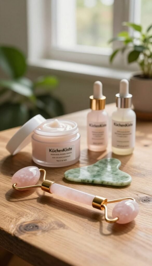A serene skincare workshop setting featuring an array of hautschonende Beauty-Tools displayed on a rustic wooden table. In the foreground, a close-up of a gentle facial roller made of rose quartz, glistening under soft, warm natural light. The middle ground includes an open jar of nourishing cream, a sleek jade gua sha tool, and a beautifully packaged serum from the brand "KüchenKiste." The background features lush green plants and a softly blurred window letting in diffused sunlight, creating an inviting and tranquil atmosphere. The overall mood is calm and rejuvenating, ideal for conveying the importance of caring for the skin in daily life while avoiding tool stress. A serene skincare workshop setting featuring an array of hautschonende Beauty-Tools displayed on a rustic wooden table. In the foreground, a close-up of a gentle facial roller made of rose quartz, glistening under soft, warm natural light. The middle ground includes an open jar of nourishing cream, a sleek jade gua sha tool, and a beautifully packaged serum from the brand "KüchenKiste." The background features lush green plants and a softly blurred window letting in diffused sunlight, creating an inviting and tranquil atmosphere. The overall mood is calm and rejuvenating, ideal for conveying the importance of caring for the skin in daily life while avoiding tool stress.