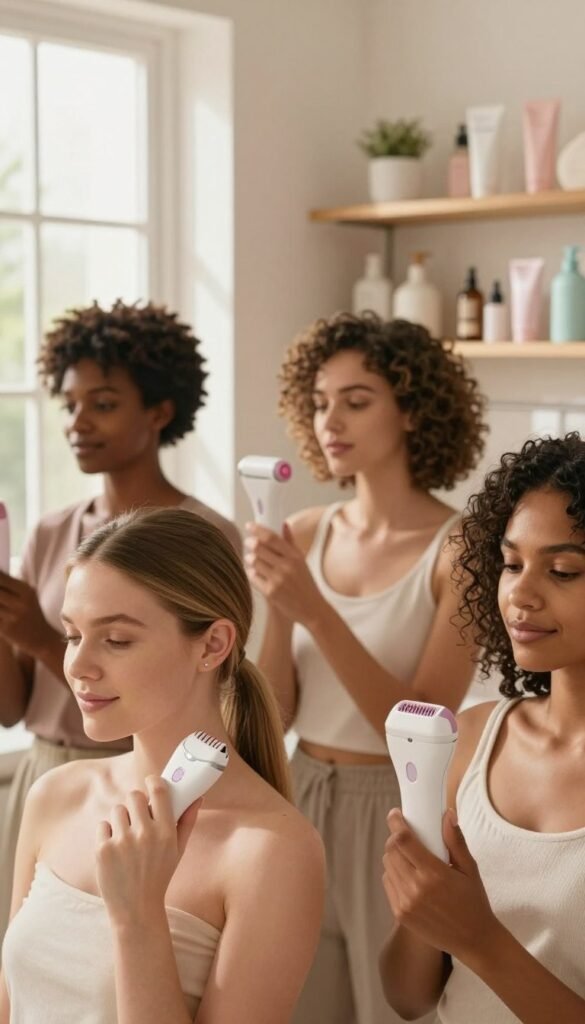 A serene, soft-focus composition featuring a diverse group of individuals showcasing various skin tones and hair types, each engaged with different hair removal devices designed for at-home use. In the foreground, a light-skinned woman with sleek hair uses an epilator, while a medium-toned individual demonstrates a laser hair removal device. The middle ground shows a warm and inviting bathroom ambience with natural lighting emanating from a window, casting gentle shadows. In the background, a neatly organized shelf labeled "Ordnungskiste" displays various hair removal products, enhancing the theme of personal care. The warm color palette evokes a calm and nurturing atmosphere, creating an authentic and approachable visual without any text or distractions.