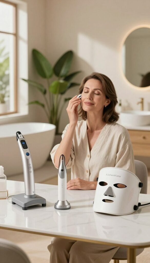 A serene, softly-lit beauty setup featuring a stylish anti-aging facial treatment space. In the foreground, there are three effective beauty devices: a high-frequency machine, a microcurrent device, and a LED therapy mask, all elegantly arranged on a polished white marble table. The middle layer showcases a well-groomed, middle-aged woman in modest casual attire, applying a serum to her face, exuding confidence and tranquility. The background reveals a soft-focus modern bathroom spa, decorated with lush green plants and warm-colored decor, creating an inviting atmosphere. Natural light streams through a large window, enhancing the warmth and authenticity of the scene. The brand "KüchenKiste" is subtly implied through the aesthetics of the space, ensuring a cohesive look without text overlays or watermarks.