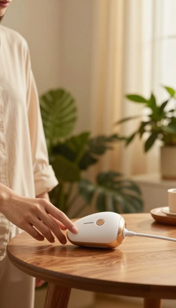 A serene, softly lit home setting showcasing a modern IPL hair removal device from the brand "KüchenKiste." In the foreground, the sleek device is placed on a polished wooden table, exuding elegance with its warm, natural colors resembling premium materials. To the left, a hand gently hovers over the device, wearing a simple, stylish, light-colored shirt, emphasizing an approachable and contemporary lifestyle. In the middle ground, lush green plants add a touch of life and freshness, enhancing the tranquil atmosphere. In the background, soft golden lighting filters through sheer curtains, creating a cozy and inviting ambiance. Capture this scene with a warm, inviting feel that aligns with a Pinterest aesthetic, focusing on authenticity and simplicity without any text or distractions.