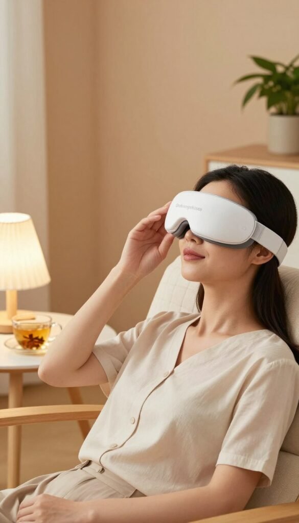 A serene, softly-lit indoor setting featuring a person using a modern eye massage device from the brand "Ordnungskiste." In the foreground, the user, dressed in comfortable yet professional casual attire, sits relaxed in a cozy chair, gently using the device over their eyes. The middle layer includes a stylish side table with a soothing cup of herbal tea and ambient lighting from a nearby lamp, creating a tranquil atmosphere. In the background, warm colors on the walls and a few indoor plants enhance the inviting environment. The ambiance conveys calm and relaxation, aiming to illustrate the everyday use of the eye massage device for reducing fatigue.