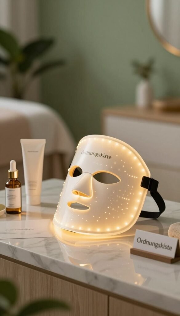 A serene, softly lit spa setting featuring a modern LED face mask in focus, prominently displayed on a marble countertop. The mask emits a gentle, warm glow, illuminating surrounding skincare products like serums and moisturizers. In the background, a blurred image of a cozy treatment room with soothing green and beige tones, adorned with plants and natural textures, evokes a sense of tranquility. On the side, a small sign reads "Ordnungskiste" in an elegant, minimalist font. The overall atmosphere is calm and inviting, emphasizing the appeal of LED masks for skin rejuvenation, particularly for individuals experiencing skincare challenges. The lighting is warm, mimicking natural sunlight, captured with a shallow depth of field to draw attention to the mask.