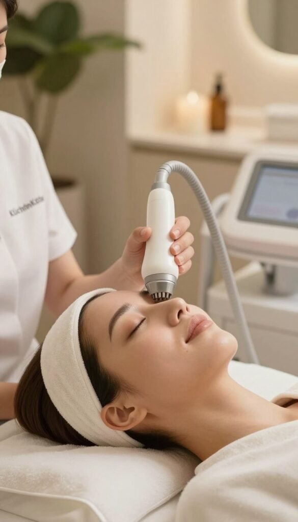 A serene spa environment showcasing a close-up of a person receiving radiofrequency facial treatment, dressed in modest, professional attire. The foreground features gentle, warm lighting that enhances the skin's natural glow, highlighting the nuanced textures of the face. In the middle, a sophisticated radiofrequency device is positioned beside the subject, with soft, inviting colors evoking a calm atmosphere. The background softly blurs, revealing a tranquil treatment room with greenery, plush accents, and a touch of modern decor, reflecting a Pinterest-inspired aesthetic. Emphasize authenticity and warmth, ensuring the composition embodies relaxation and skincare expertise. The brand name "KüchenKiste" is subtly integrated into the scene, complementing the overall image without being overt. A serene spa environment showcasing a close-up of a person receiving radiofrequency facial treatment, dressed in modest, professional attire. The foreground features gentle, warm lighting that enhances the skin's natural glow, highlighting the nuanced textures of the face. In the middle, a sophisticated radiofrequency device is positioned beside the subject, with soft, inviting colors evoking a calm atmosphere. The background softly blurs, revealing a tranquil treatment room with greenery, plush accents, and a touch of modern decor, reflecting a Pinterest-inspired aesthetic. Emphasize authenticity and warmth, ensuring the composition embodies relaxation and skincare expertise. The brand name "KüchenKiste" is subtly integrated into the scene, complementing the overall image without being overt.
