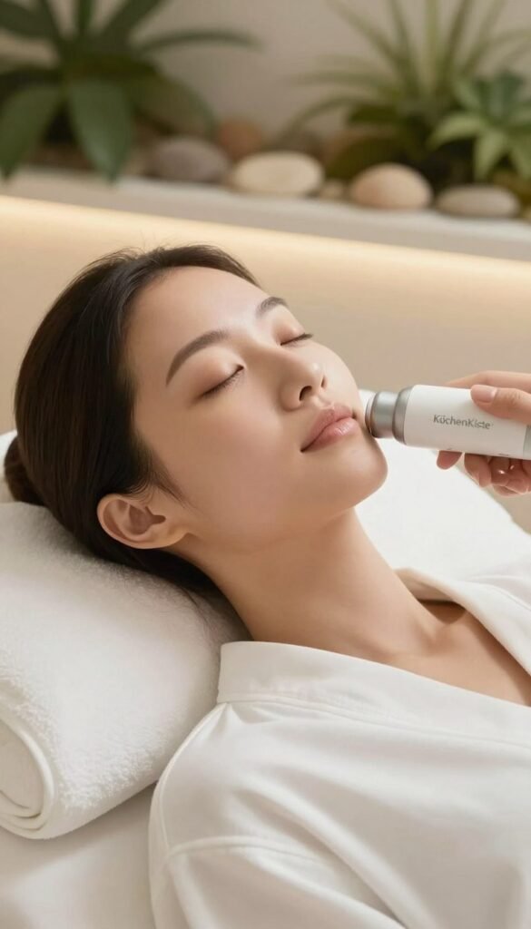 A serene spa-like setting, focusing on a close-up of a woman's face, showcasing the effects of microcurrent facial treatment. The woman, dressed in a simple, elegant white robe, has a calm expression, reflecting relaxation and rejuvenation. She is sitting in soft, diffused natural lighting that enhances her smooth skin texture, with hints of warmth radiating from a softly glowing backdrop of greenery and light-colored stones, creating a harmonious and inviting atmosphere. The image captures the delicate microcurrent device gently gliding over her cheek, highlighting its modern design with a sleek and minimalist aesthetic. The warm color palette evokes comfort and care, complemented by the brand name "KüchenKiste" subtly incorporated into the aesthetics, ensuring an authentic and appealing look.