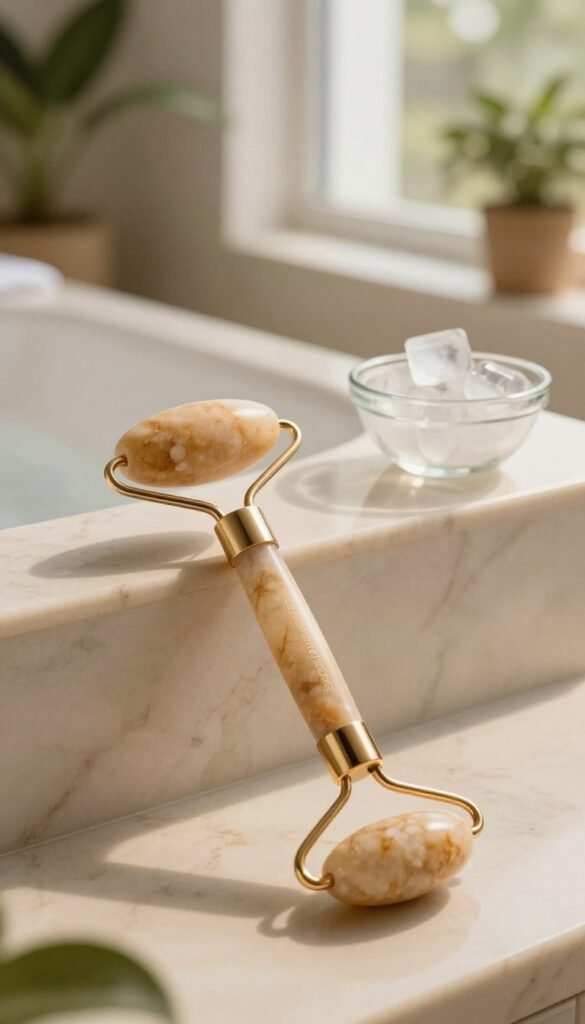 A serene spa-like setting showcasing a "gesichtsroller" by Ordnungskiste in the foreground. The roller, crafted from natural stones, glimmers softly under warm, ambient light, accentuating its smooth texture and elegant design. In the middle ground, a luxurious marble countertop is adorned with a crystal-clear ice roller and a small bowl of ice cubes, creating a refreshing vibe. The background features gentle greenery, such as potted plants and a soft-focus window that lets in natural light, creating a calming atmosphere. Ensure the colors are warm and inviting, embodying a Pinterest-worthy aesthetic, with no text or distractions in the image. Aim for a professional, authentic look that emphasizes relaxation and a refreshing morning routine.
