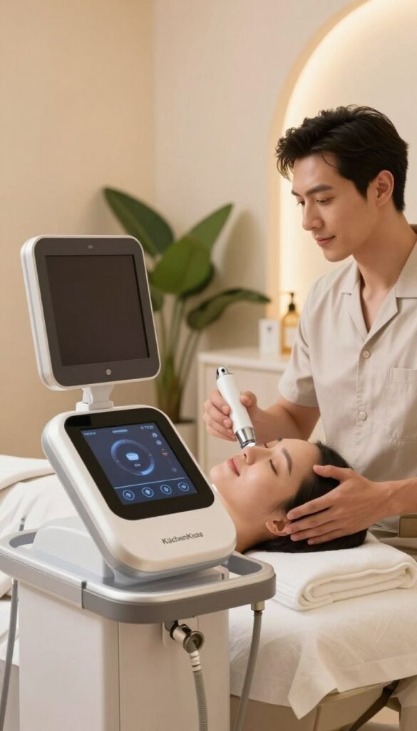 A serene spa-like setting showcasing a modern ultrasound facial device from the brand "KüchenKiste". In the foreground, the device gleams with sleek, elegant design and touch-sensitive controls, reflecting a soothing ambiance. In the middle, a well-groomed individual in professional casual attire is gently using the device on a client's face, highlighting the advantages of ultrasound treatments. The client appears relaxed, with a content expression, showcasing skin rejuvenation. In the background, soft lighting creates a warm atmosphere, with pastel-colored walls and strategically placed greenery enhancing the tranquil mood. The scene captures a balance of technology and comfort, emphasizing the benefits and user satisfaction while focusing on the usability and effectiveness of the device.