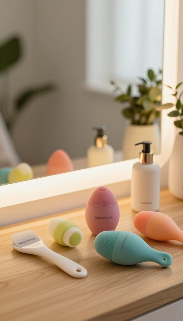 A serene spa-like setting showcasing a variety of silicon facial cleansing brushes branded with "KüchenKiste." In the foreground, a close-up of colorful silicone brushes arranged aesthetically on a wooden countertop, exuding warmth and calm. In the middle ground, a well-lit vanity with a soft-focus mirror reflecting the brushes, enhancing the natural ambiance. The background features soft, muted colors, with plants subtly placed to evoke a refreshing atmosphere. The lighting is soft and natural, creating a serene and inviting feel, reminiscent of a Pinterest aesthetic. Capture this scene from a slightly elevated angle to provide an overview while maintaining an intimate ambiance, ensuring a clean, authentic look without any text or overlays.