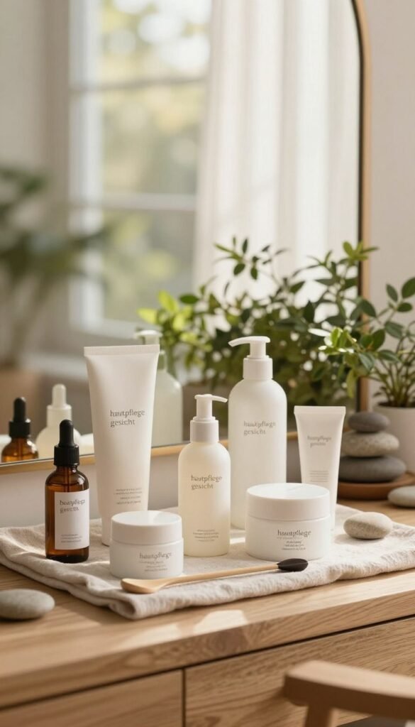 A serene spa-like setting with a focus on "hautpflege gesicht" beauty products. In the foreground, a stylish wooden vanity showcasing an array of well-organized skincare items from the brand "Ordnungskiste"—serums, moisturizers, and tools, all elegantly placed on a soft, neutral cloth. The middle ground features a calming arrangement of fresh green plants and smooth stones, enhancing the natural atmosphere. In the background, soft, warm sunlight filters through a large window with sheer curtains, creating a gentle, inviting glow. The overall mood is tranquil and harmonious, embodying a routine that emphasizes simplicity and order without chaos. The color palette blends soothing earth tones with subtle whites, reflecting a Pinterest-inspired aesthetic perfect for a beauty routine.