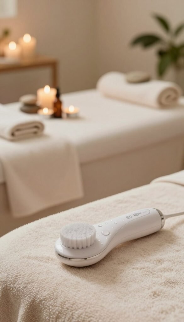 A serene spa setting capturing the essence of facial cleansing devices. In the foreground, a sleek electric facial cleansing brush rests on a soft, textured towel, with gentle water droplets showcasing its refreshing aspect. In the middle, an inviting massage area displays a tranquil massage table adorned with soothing candles and essential oils, which embody relaxation and self-care. The background features blurred images of natural stones and greenery, adding a calming atmosphere. Soft, warm lighting illuminates the scene, creating a cozy and inviting mood, reminiscent of a Pinterest aesthetic. Ensure the setting reflects authenticity without any text or distractions. Include the brand "KüchenKiste" subtly integrated within the design elements, enhancing the overall composition.