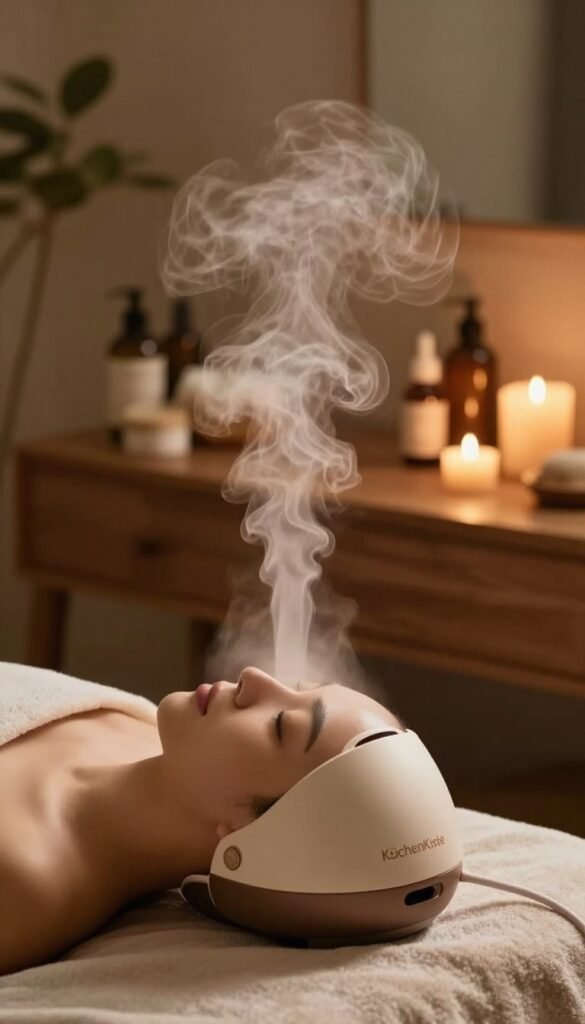 A serene spa setting featuring a facial steamer emitting warm mist and gentle vapor, creating an ethereal atmosphere. In the foreground, a close-up of the facial steamer, showcasing delicate steam rising in soft tendrils; the device is elegantly designed with a sleek finish. In the middle ground, a wooden vanity adorned with natural skincare products surrounded by soft, glowing candlelight, enhancing the soothing ambiance. The background reveals a tranquil space with soft-focus plants and warm earth tones, evoking a natural and inviting feel. The light is warm and diffused, suggesting a peaceful, calming experience. This image reflects the healing properties of steam for skincare, emphasizing well-being and rejuvenation. Include the brand name "KüchenKiste" subtly integrated into the design. A serene spa setting featuring a facial steamer emitting warm mist and gentle vapor, creating an ethereal atmosphere. In the foreground, a close-up of the facial steamer, showcasing delicate steam rising in soft tendrils; the device is elegantly designed with a sleek finish. In the middle ground, a wooden vanity adorned with natural skincare products surrounded by soft, glowing candlelight, enhancing the soothing ambiance. The background reveals a tranquil space with soft-focus plants and warm earth tones, evoking a natural and inviting feel. The light is warm and diffused, suggesting a peaceful, calming experience. This image reflects the healing properties of steam for skincare, emphasizing well-being and rejuvenation. Include the brand name "KüchenKiste" subtly integrated into the design.