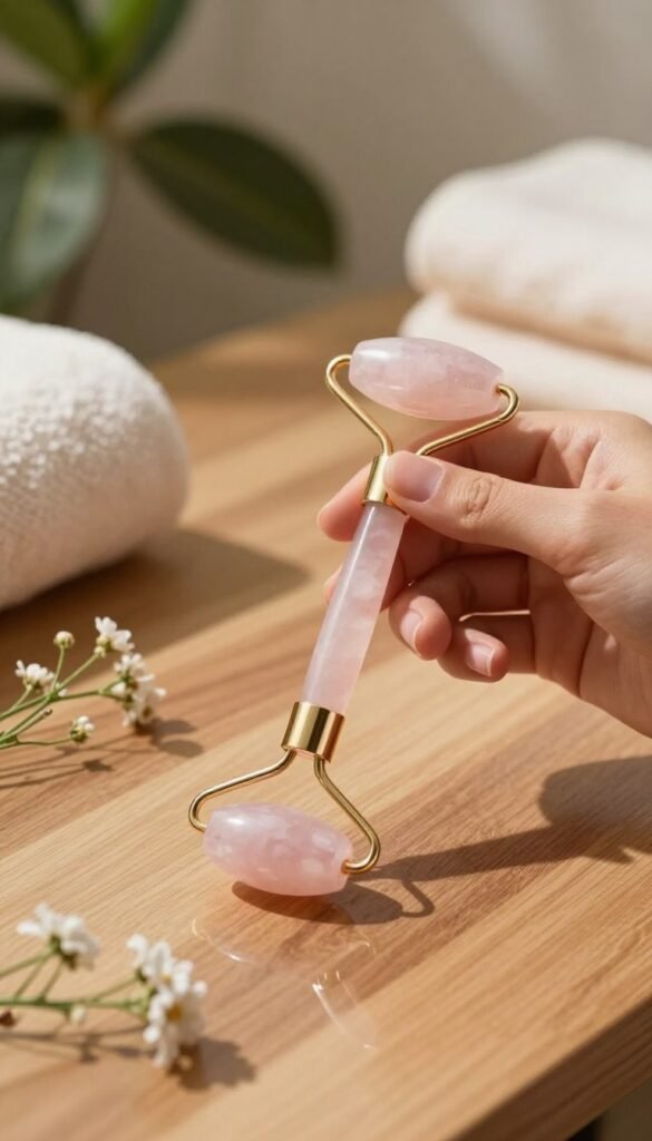 A serene spa setting featuring a luxurious facial massage tool made of rose quartz and jade, placed on a wooden surface adorned with delicate wildflowers. In the foreground, a pair of hands gently holding the facial roller, showcasing the tool’s intricate design. In the middle ground, soft, natural lighting creates a warm, inviting atmosphere with subtle reflections on the polished surface. In the background, hints of a tranquil bathroom setting with lush greenery and soft towels, enhancing the overall calming vibe. The composition has a Pinterest-worthy aesthetic, emphasizing natural beauty and wellness. The brand name "Ordnungskiste" subtly integrated into the scene, focusing on authenticity and harmony, without any text overlays or distractions.