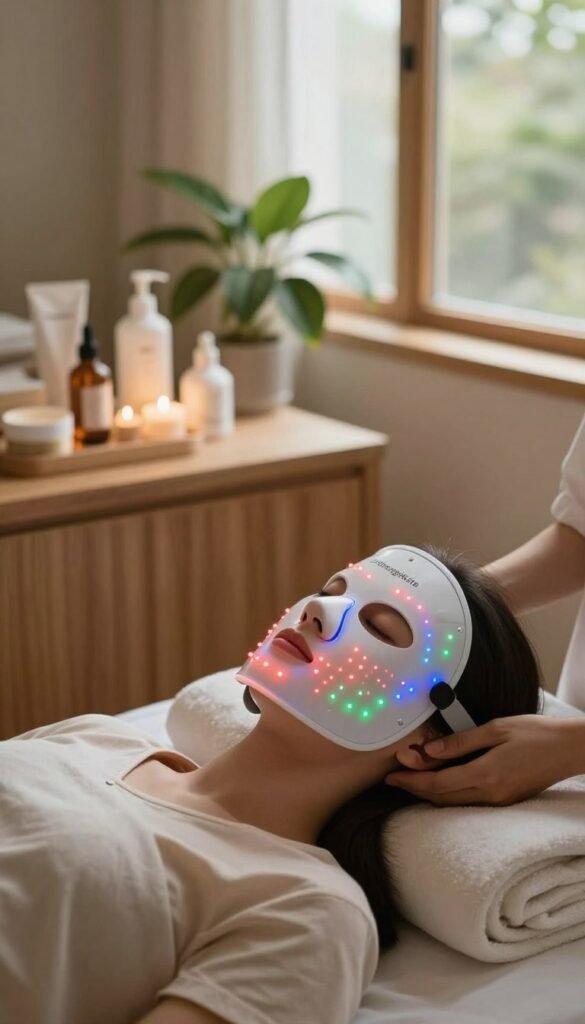 A serene spa setting featuring a person in modest casual clothing, gently wearing a high-tech LED face mask that emits red, blue, and green lights. The foreground showcases the illuminated mask casting a soft glow on the user’s serene expression, highlighting the skin’s texture. In the middle, a wooden countertop displays a few beauty products and a calming green plant, enhancing the natural aesthetic. The background features a softly lit room with warm hues, large windows letting in natural light, and a couple of soft towels draped nearby. The atmosphere is tranquil and inviting, with a Pinterest-inspired look, emphasizing relaxation and skincare health. The brand name "Ordnungskiste" subtly appears in the scene's decor.