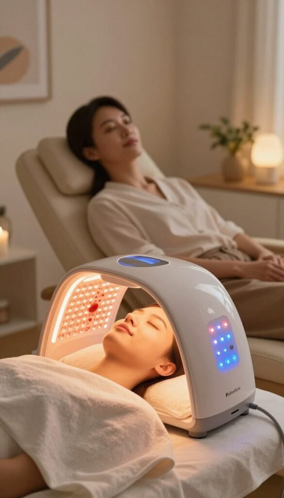 A serene spa setting featuring an LED light therapy device for facial treatment, prominently placed in the foreground. The device, sleek and modern, glows softly with warm, inviting light, showcasing vibrant colors like red and blue, which represent different therapy functions. In the middle ground, a person in modest casual clothing, with a relaxed expression, sits comfortably in a spa chair, preparing for the treatment. Soft, diffused lighting creates a calming atmosphere, emphasizing the therapeutic benefits of the treatment. In the background, subtle decorations like potted plants and tasteful art create a tranquil, welcoming ambiance. The composition should exude warmth and relaxation, reminiscent of Pinterest aesthetic inspirations, while ensuring an authentic, professional portrayal of the subject. Include the brand name "KüchenKiste" subtly within the scene but not as a text overlay.