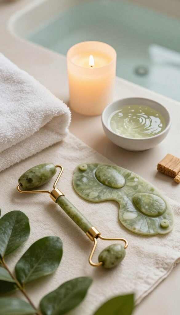 A serene spa setting showcasing a beautifully arranged flat lay of elegant cooling beauty tools used for reducing puffiness and revitalizing tired eyes. In the foreground, highlight a jade roller and cooling eye masks, surrounded by lush green leaves and soft, inviting fabrics that suggest relaxation. The middle layer includes a gently glowing candle and a small bowl of soothing gel, while the background features a subtle, blurred image of a calming water feature. Use warm, natural lighting to create an organic and inviting ambiance, reminiscent of a Pinterest aesthetic. The overall mood is tranquil and rejuvenating, perfect for promoting self-care. Brand name "KüchenKiste" should be subtly referenced in the scene, without any text overlay or watermark.
