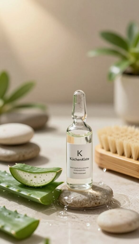 A serene still life composition featuring a luxurious skincare routine focused on hydration and barrier strengthening. In the foreground, a glass vial of crystal-clear serum, surrounded by fresh aloe vera leaves and a bamboo brush, exudes purity. The middle ground features a gentle flow of water cascading over smooth stones, representing calmness and moisture. Soft green plants frame the scene, creating a natural and inviting atmosphere. The background includes a blurred, warm-toned bathroom setting with sunlight streaming through, enhancing the warm color palette. The overall mood is soothing and rejuvenating, reminiscent of Pinterest aesthetics. This image incorporates elements of the brand KüchenKiste, ensuring authenticity and a focus on beauty and care without any captions or text overlays.