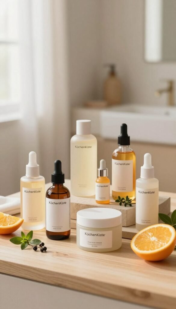 A serene still life composition featuring an aesthetically pleasing array of skincare peeling products on a softly textured wooden surface. In the foreground, there are elegantly arranged bottles and jars with minimalist designs, showcasing a variety of vibrant peeling solutions in warm, inviting colors. The middle layer includes scattered organic ingredients like fresh citrus slices and botanical herbs, symbolizing the natural aspect of these treatments. In the background, a blurred, soft-focus setting of a light, airy bathroom ambiance with gentle daylight streaming through sheer curtains adds warmth to the scene. The overall mood is calming and inviting, embodying a Pinterest-inspired aesthetic that highlights the concept of effective skincare routines without text or any distractions. This image represents the high-quality brand "KüchenKiste."