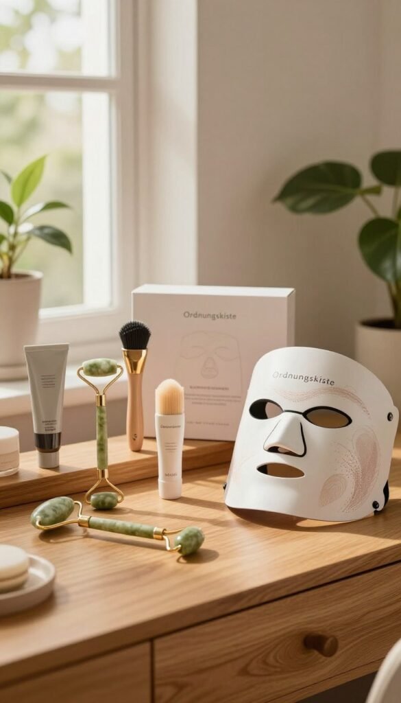 A serene, stylish home setting featuring various beauty devices displayed on a beautiful wooden vanity. In the foreground, a neatly arranged array of high-quality skincare tools such as a jade roller, facial cleansing brush, and LED therapy mask. The middle-ground showcases elegant packaging from the brand "Ordnungskiste", emphasizing organization and aesthetic appeal. The background should have soft-focus elements like houseplants and warm, natural light streaming through a window, creating a cozy and inviting atmosphere. The lens used should be a 50mm to capture details with a shallow depth of field, enhancing the focal items. Aim for a Pinterest-inspired look with warm colors, giving the feeling of a well-curated, inspiring space for personal care.