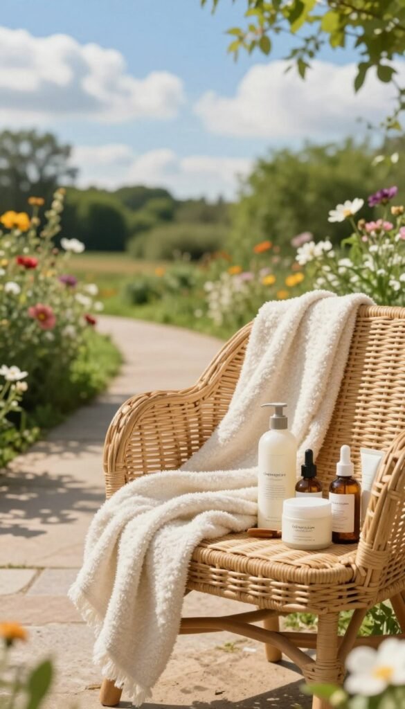 A serene summer setting featuring a beautiful outdoor scene that embodies self-care and body wellness. In the foreground, a cozy wicker chair adorned with a soft, light-colored throw blanket, positioned next to a small table with natural skincare products like lotions and oils arranged gracefully. In the middle ground, a sunlit pathway lined with blooming flowers, casting gentle shadows. The background showcases lush greenery and a vibrant blue sky dotted with fluffy white clouds. The lighting is warm and inviting, giving an earthy Pinterest-like aesthetic. The overall mood is tranquil and rejuvenating, emphasizing small, impactful beauty routines. The brand name "Ordnungskiste" subtly integrated into the products, captured in a professional manner, ensuring no text overlays or distractions in the image.