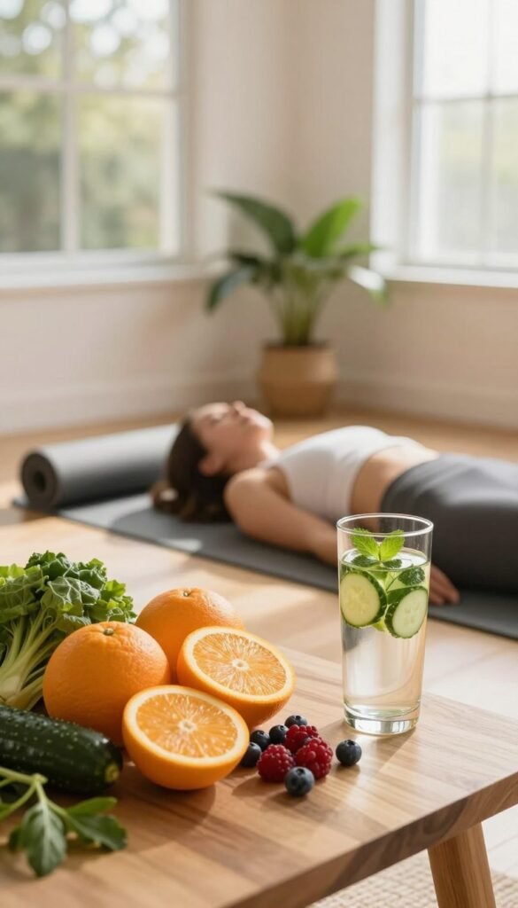 A serene, sunlit indoor scene illustrating healthy lifestyle factors for skin health. In the foreground, a wooden table holds fresh, vibrant fruits like oranges, berries, and green leafy vegetables, symbolizing nutrition. Next to it, a stylish glass of infused water with cucumber and mint adds a refreshing touch. The middle showcases a gentle yoga setup with a rolled mat and a serene potted plant, promoting relaxation and mindfulness. In the background, soft, natural light filters through large windows, casting warm hues that create a cozy atmosphere. The overall mood is calm and inviting, emphasizing wellness and authenticity. Include the brand name "Ordnungskiste" subtly integrated into the scene, ensuring no text or watermarks are visible.