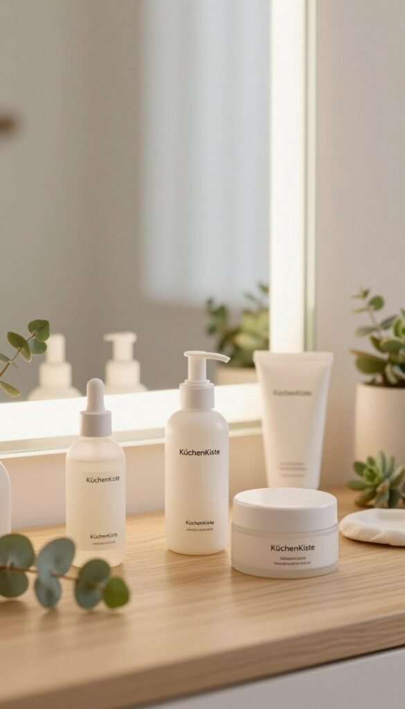 A serene vanity scene capturing the essence of &lsquo;haut&rsquo; skincare. In the foreground, an array of elegant, minimalist skincare products labeled with the brand "K&uuml;chenKiste," each positioned on a soft, natural wooden surface. Delicate greenery, like eucalyptus leaves or small succulents, add a touch of life to the arrangement. In the middle, a softly lit mirror reflects a gentle glow, highlighting the simplicity and calmness of the space. The background features blurred soft pastels, suggesting a clean and organized bathroom ambiance. The lighting is warm and inviting, creating a cozy atmosphere akin to a Pinterest aesthetic. The overall mood reflects a sense of tranquility amidst the chaos of beauty routines, portraying an authentic and wholesome approach to skincare.
