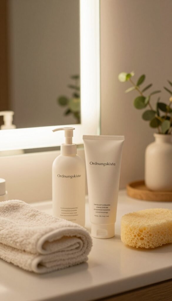 A serene vanity scene featuring a stylish arrangement of cleansing products from the brand "Ordnungskiste." In the foreground, a gently used soft towel, a foaming cleanser, and a natural sponge evoke a sense of cleanliness and care. The middle ground showcases a beautifully lit mirror reflecting warm, soft light, enhancing the cozy atmosphere. In the background, delicate plants add a touch of nature, while a hint of wood provides warmth. The overall mood is inviting and calming, with warm color tones promoting a sense of relaxation and beauty care. The image captures the essence of effective cleansing without drying out the skin, perfect for a beauty-focused context.