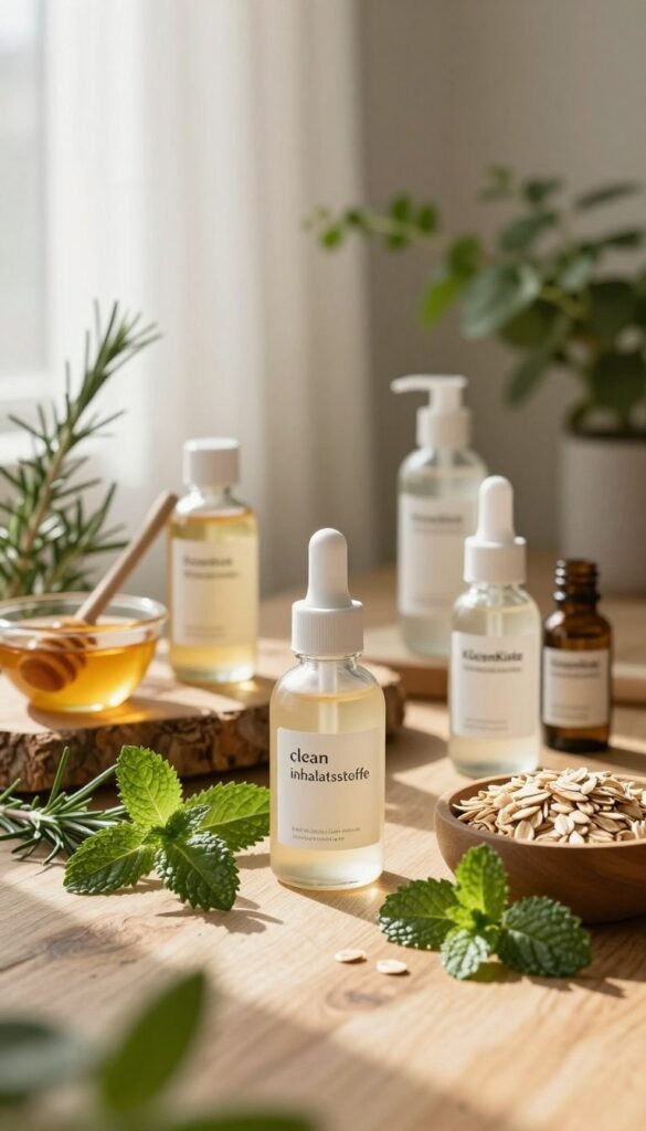 A serene, visually appealing still life composition showcasing "clean inhaltsstoffe" in the realm of clean beauty. In the foreground, elegantly arranged glass bottles of natural skincare products, featuring minimalist labels inspired by the brand "KüchenKiste," are surrounded by fresh herbs like rosemary and mint. The middle ground features beautifully textured wooden surfaces and small bowls filled with organic ingredients like honey, oats, and essential oils. In the background, soft-focus greenery and gentle light create a warm, inviting atmosphere, with diffused sunlight filtering through sheer curtains, casting delicate shadows. The overall mood is calming and organic, evoking a sense of purity and simplicity while maintaining an effortlessly Pinterest-worthy aesthetic.