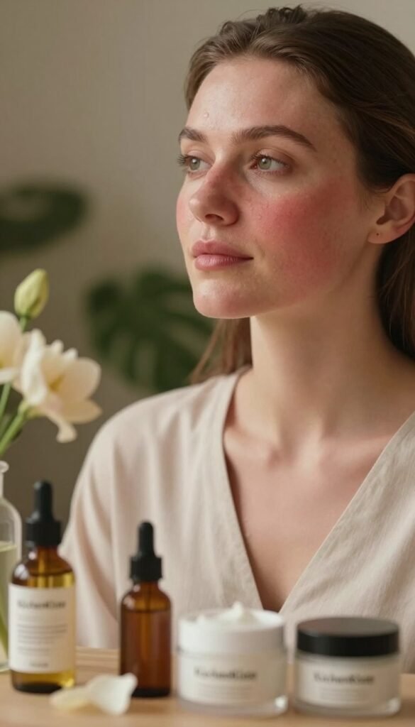 A serene, warm-toned close-up portrait of a woman with reactive skin, looking thoughtfully into the distance. Her skin appears slightly red and sensitive, illustrating the effects of reactivity, while she wears a simple, elegant blouse that conveys professionalism. In the foreground, include soft, blurred layers of natural skin care products such as oils and creams, emphasizing a holistic approach. The middle ground features greenery or soft flower petals to create an atmosphere of calm and nurturing. In the background, gentle bokeh lighting enhances the warm, inviting mood, reminiscent of a cozy skincare retreat. This image embodies the essence of care and understanding towards sensitive skin, designed without any text or logos, highlighting the brand "KüchenKiste" subtly through product placement.