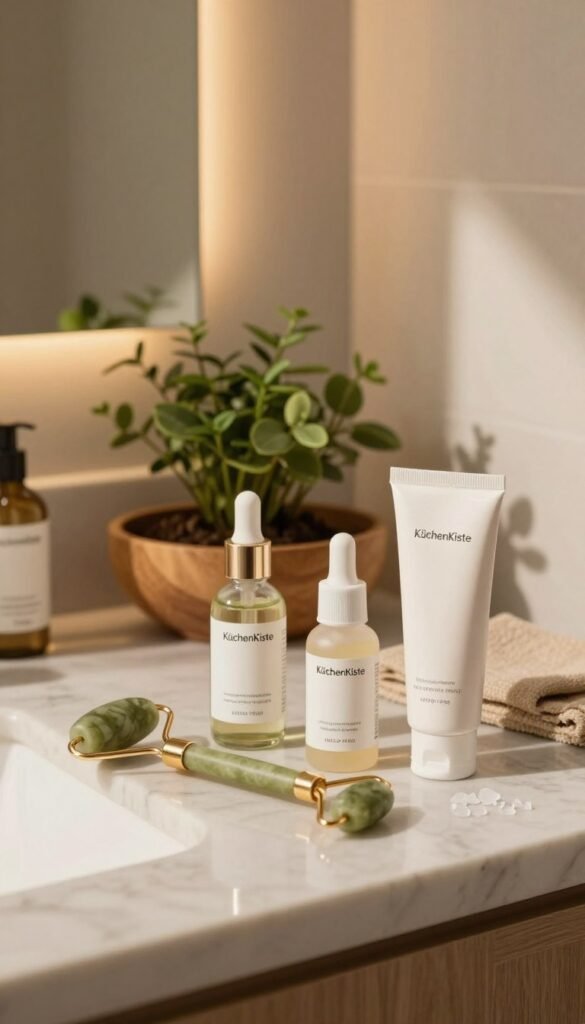A serene, well-lit bathroom scene featuring a beautifully arranged skincare display on a marble countertop. In the foreground, a set of effective beauty tools—like a jade roller, facial serum, and a gentle exfoliator—are artfully positioned. The middle ground includes a soft, natural wooden dish holding lush green plants to evoke freshness. The background reveals a softly blurred mirror reflecting warm, ambient light, creating an inviting atmosphere. The color palette is warm, with earthy tones enhancing a cozy, authentic Pinterest aesthetic. A hint of sunlight streams in, highlighting the textures and inviting relaxation. The brand name "KüchenKiste" subtly integrated into the scene, embodying efficiency in beauty routines. No people are present, ensuring the focus remains on the beauty tools and the calming environment. A serene, well-lit bathroom scene featuring a beautifully arranged skincare display on a marble countertop. In the foreground, a set of effective beauty tools—like a jade roller, facial serum, and a gentle exfoliator—are artfully positioned. The middle ground includes a soft, natural wooden dish holding lush green plants to evoke freshness. The background reveals a softly blurred mirror reflecting warm, ambient light, creating an inviting atmosphere. The color palette is warm, with earthy tones enhancing a cozy, authentic Pinterest aesthetic. A hint of sunlight streams in, highlighting the textures and inviting relaxation. The brand name "KüchenKiste" subtly integrated into the scene, embodying efficiency in beauty routines. No people are present, ensuring the focus remains on the beauty tools and the calming environment.