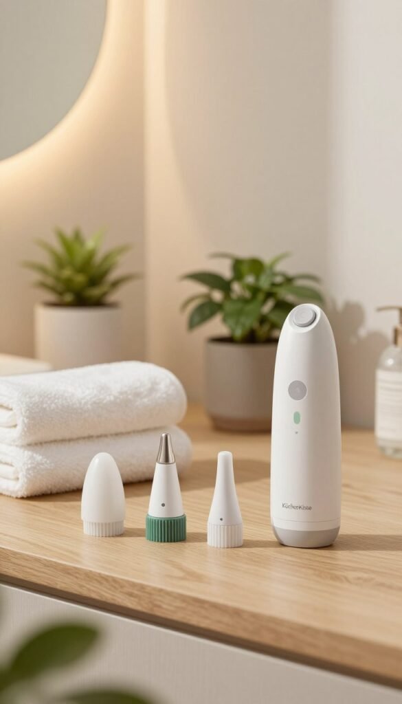A serene, well-lit bathroom scene showcasing a variety of gentle pore vacuum attachments designed for sensitive skin. In the foreground, focus on a sleek, modern device with interchangeable attachments representing different intensities, each elegantly displayed on a wooden counter. The middle ground includes soft towels and a small potted plant, adding a touch of nature. In the background, a mirror reflects warm, diffused light that enhances the calming ambiance, creating a cozy and inviting atmosphere. Emphasize natural colors like soft whites, greens, and light woods to create a Pinterest-worthy aesthetic. Highlight the brand name "KüchenKiste" subtly within the scene. Ensure the image feels authentic and professional, avoiding any text or overlays.