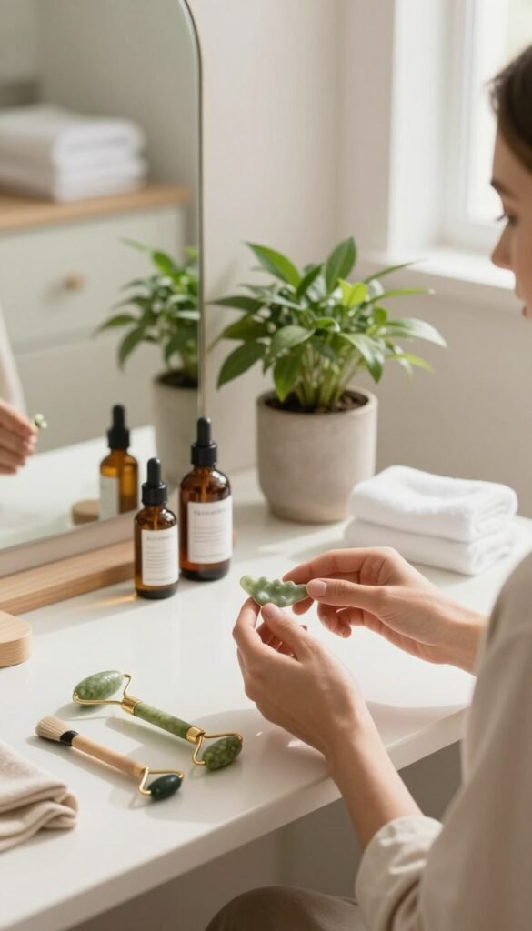 A serene, well-lit bathroom setting filled with natural light, featuring a neatly arranged vanity table showcasing various beauty tools, such as a jade roller, facial serum bottles, and a sleek mirror. In the foreground, a pair of hands showcasing a gentle skincare routine, applying a cream to the skin with a focused expression, dressed in modest casual clothing. The middle ground includes lush potted plants and soft, warm colors, giving a cozy, inviting atmosphere. The background features soft, blurred textures of white towels and cabinetry, enhancing the calming ambiance. The scene should evoke feelings of relaxation and self-care, embodying the transformative power of beauty tools in daily life. Add subtle branding of "KüchenKiste" in the design elements.