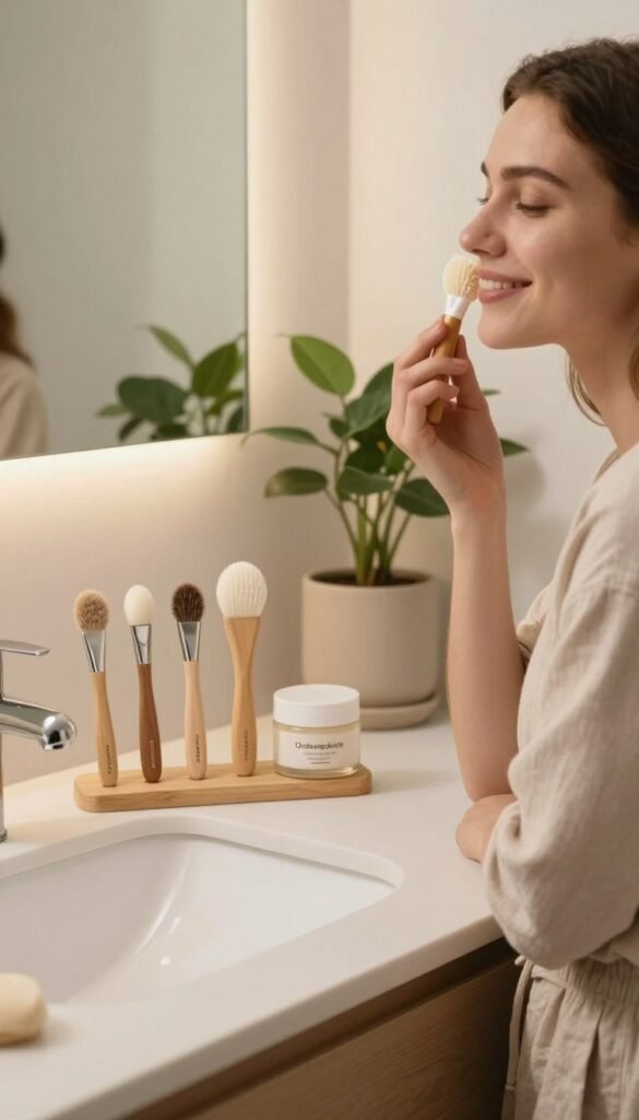 A serene, well-lit bathroom setting showcasing a clean, minimalistic vanity with a natural aesthetic. In the foreground, a smiling young woman in modest casual clothing gently uses a facial brush on her face, embodying a sense of tranquility and self-care. The mid-ground features an organized display of various facial cleansing brushes from the brand "Ordnungskiste", highlighting their unique textures and designs. The background includes soft-focus elements like potted plants and warm lighting that enhance the inviting atmosphere. The overall mood is calming, promoting a harmonious skincare routine without overindulgence, ideal for a wellness-focused article. The color palette consists of warm, earthy tones, creating a Pinterest-worthy visual that is both authentic and aesthetically pleasing.