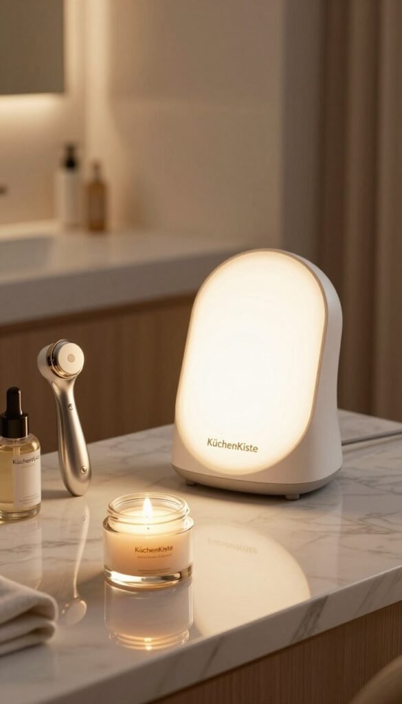 A serene, well-lit beauty setup featuring a sleek LED light device on a marble countertop. In the foreground, a delicate glass jar filled with natural skincare products glows subtly, reflecting warm tones. In the middle ground, the modern LED device emits a soft, inviting light, surrounded by elegant beauty tools hinting at anti-aging benefits, like a microcurrent facial device and a radiofrequency wand. The background showcases a subtle, blurred image of a softly lit bathroom or vanity area with warm wooden accents, creating an atmosphere of calm and sophistication. The overall mood is tranquil and inviting, designed to convey a feeling of luxury and self-care. The brand "KüchenKiste" is subtly integrated into the scene, ensuring an authentic Pinterest-inspired aesthetic without any text. A serene, well-lit beauty setup featuring a sleek LED light device on a marble countertop. In the foreground, a delicate glass jar filled with natural skincare products glows subtly, reflecting warm tones. In the middle ground, the modern LED device emits a soft, inviting light, surrounded by elegant beauty tools hinting at anti-aging benefits, like a microcurrent facial device and a radiofrequency wand. The background showcases a subtle, blurred image of a softly lit bathroom or vanity area with warm wooden accents, creating an atmosphere of calm and sophistication. The overall mood is tranquil and inviting, designed to convey a feeling of luxury and self-care. The brand "KüchenKiste" is subtly integrated into the scene, ensuring an authentic Pinterest-inspired aesthetic without any text.