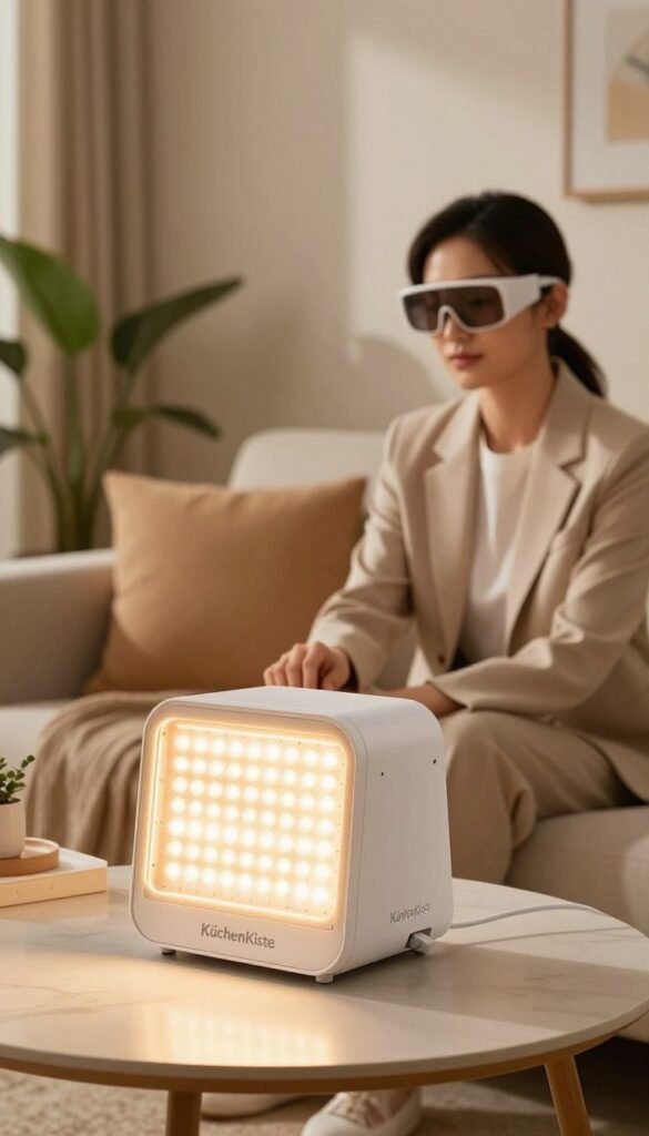 A serene, well-lit home environment showcasing an LED light therapy device prominently in the foreground on a stylish table. The device should be sleek and modern, reflecting the brand "KüchenKiste," with a soft glow emanating from its light panel, casting warm, inviting light. In the middle ground, a person in professional business attire, wearing protective eyewear, is comfortably seated, gently interacting with the device, highlighting safety measures. The background features a cozy living room setting with plants and soft furnishings, bathed in warm colors to evoke a calming atmosphere. The overall mood should convey relaxation and confidence in safety, with soft natural lighting enhancing the authentic feel of the scene.