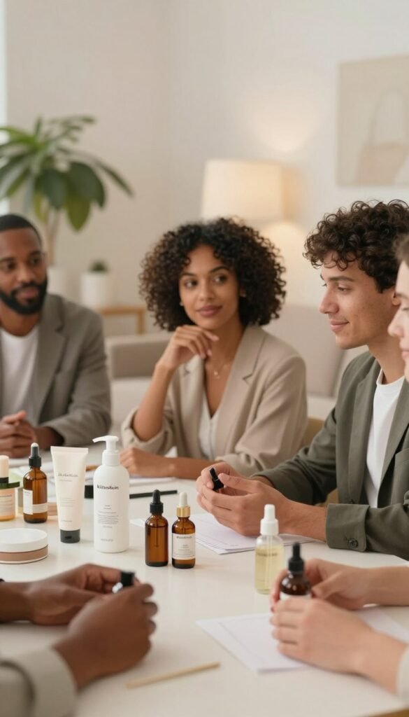 A serene, well-lit indoor scene featuring a diverse group of individuals, each with glowing, healthy skin, sitting comfortably at a table. The foreground captures a close-up of their hands showcasing various beauty products like serums and moisturizers. In the middle, their faces are thoughtfully engaged in discussion about skincare and haircare, adorned in professional business attire. The background is softly blurred, revealing a stylish, modern living space with plants and soft lighting, creating a warm and inviting atmosphere. The overall mood is friendly and collaborative, highlighting a sense of community around beauty and self-care. The brand name "KüchenKiste" is subtly integrated into the decor, enhancing the scene without overt branding.