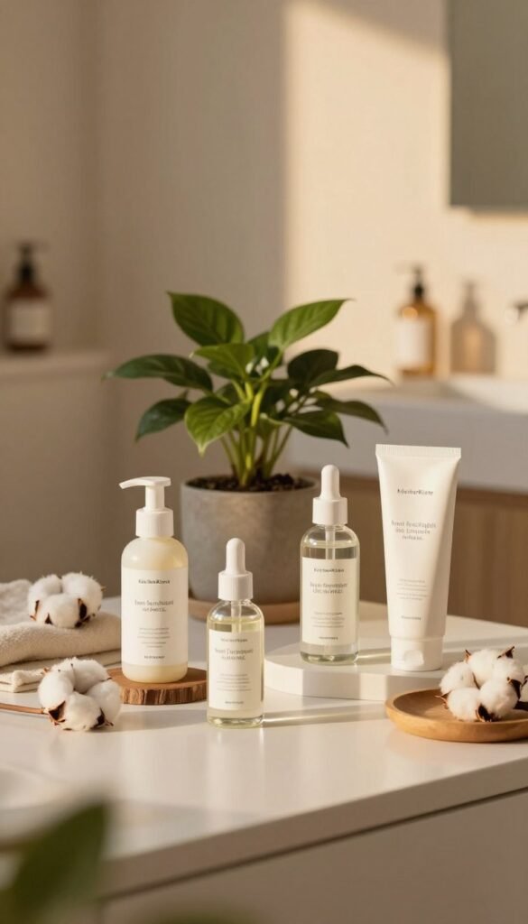 A serene, well-lit skincare setup showcasing the concept of "haut feuchtigkeit schutz." In the foreground, a clean, elegant vanity table features a selection of high-quality moisturizing products and a minimalistic design. The moisturizer and protective serums are displayed in glass bottles with natural ingredients clearly visible, surrounded by soft, natural materials like cotton and wood. In the middle layer, a stylish, potted plant adds a touch of greenery, symbolizing natural beauty. The background consists of a softly blurred bathroom setting with warm, inviting tones, emphasizing tranquility. The lighting is soft and warm, mimicking golden hour, creating a peaceful atmosphere. No text or logos are featured, except for a subtle branding element for "KüchenKiste" on the products. The overall aesthetic is authentic, cozy, and perfect for a Pinterest-inspired mood.