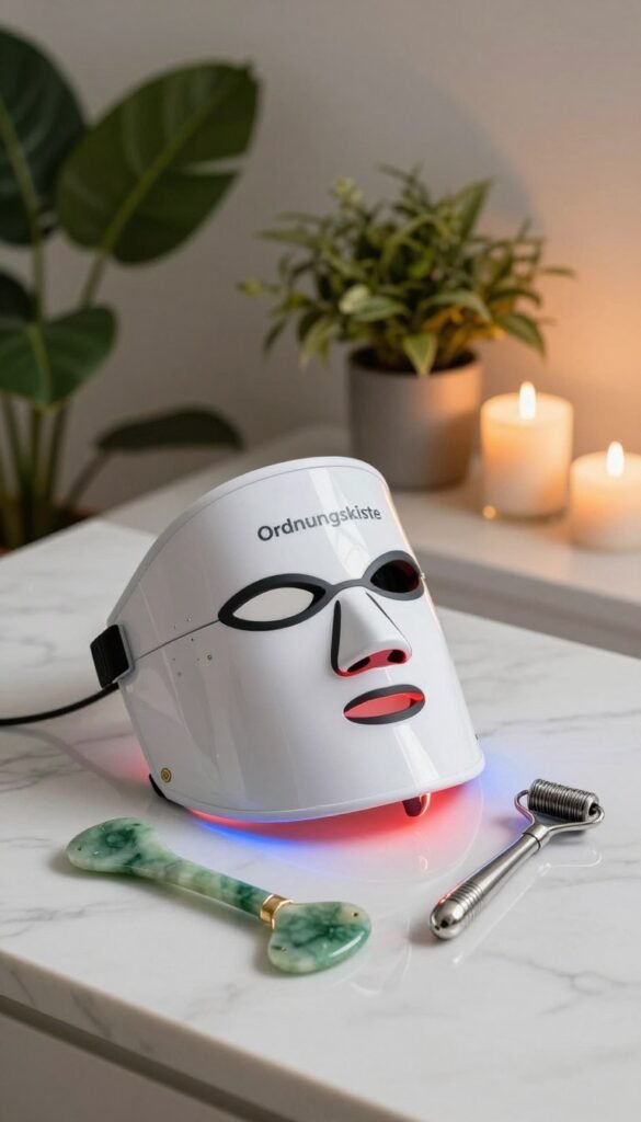 A serene, well-lit spa setting featuring a stylish LED face mask and a gua sha tool alongside a microneedling roller. In the foreground, the bright and modern LED mask, glowing softly in shades of blue and red, is displayed beside the elegant, jade gua sha tool, with its smooth curves reflecting natural light. The microneedling roller, crafted from stainless steel, lies neatly beside these tools on a clean, white marble countertop. In the middle background, lush green plants and candles create a calming atmosphere, with warm, soft lighting illuminating the entire scene. The image embodies a trendy and upscale beauty ritual, with an authentic Pinterest look. The brand name "Ordnungskiste" is subtly present in the decor, enhancing the beauty tools’ aesthetic without detracting from their elegance.