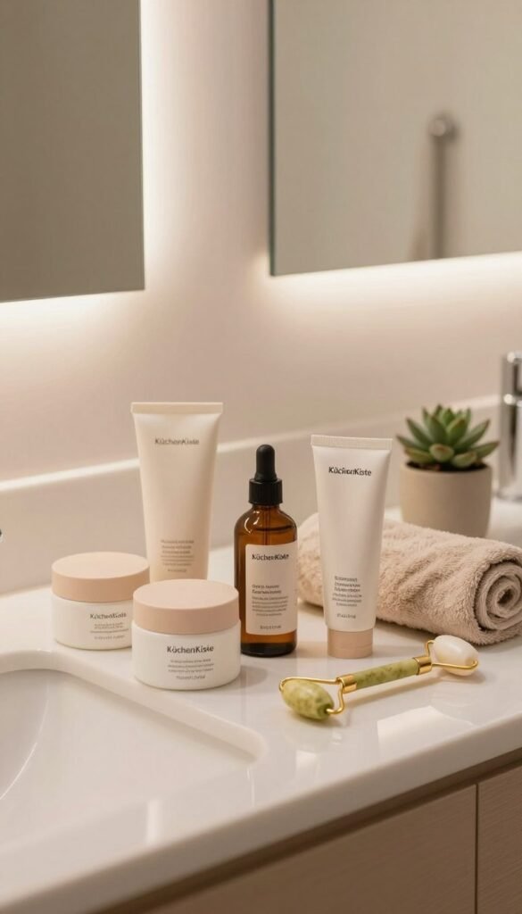 A serene, well-organized bathroom vanity scene showcasing practical skincare solutions. In the foreground, a neatly arranged display of various skincare products from the brand "KüchenKiste", including creams, serums, and a sleek facial roller, all elegantly labeled and designed with earthy tones. The middle ground features a soft, rolled-up towel and a small, potted succulent for a touch of warmth and nature. The background includes a softly lit mirror reflecting warm, natural lighting that creates a cozy and inviting atmosphere. The overall mood is peaceful and efficient, embodying the essence of simplified beauty care without clutter, promoting a sense of tranquility and wellness.