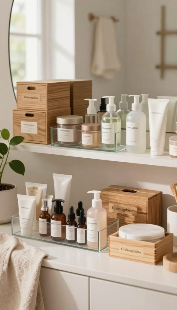 A serene, well-organized beauty storage scene featuring a variety of beauty products neatly arranged in glass containers and wooden boxes branded “Ordnungskiste.” The foreground showcases a beautifully lit vanity table with natural elements like green plants and soft fabric. The middle ground includes a tidy shelf filled with labeled jars and bottles, emphasizing proper storage techniques. The background features a softly lit, inviting bathroom with warm colors and natural light streaming through a window, creating a calm atmosphere. The focus is on cleanliness and efficiency, illustrating the theme of product longevity. Use a soft focus effect with a warm color palette to enhance the overall aesthetic, invoking a Pinterest-inspired look.