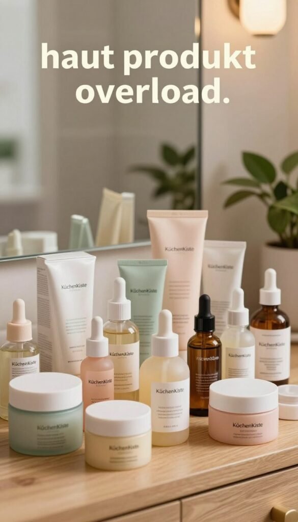 A serene yet striking image showcasing an array of skincare products in a chaotic, overwhelming layout, symbolizing "haut produkt overload." The foreground features a beautifully arranged selection of creams, serums, and oils in soft, pastel-colored containers with elegant labeling, including the brand name "KüchenKiste." In the middle ground, there is a subtle disarray of product boxes and tubes cascading down a softly lit wooden vanity, reflecting warm, natural colors. The background softly fades into a blurred, inviting bathroom setting with potted plants and ambient lighting, creating a calming atmosphere. The image conveys a sense of confusion amidst beauty, illustrating the irony of excessive skincare leading to poorer skin health, with a Pinterest-inspired aesthetic that feels authentic and inviting.