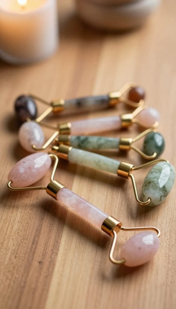A set of exquisite gemstone facial rollers arranged artfully on a natural wooden surface. In the foreground, feature a Rose Quartz roller and a Jade roller, showcasing their intricate textures and colors. The middle ground includes a selection of additional rollers made from various gemstones, each reflecting light differently, highlighting their polished surfaces. The background softly blurs into a cozy, warmly lit ambiance, evoking a serene spa-like atmosphere. Use soft, natural lighting to enhance the warmth and authenticity of the image, creating inviting shadows. Ensure a Pinterest-inspired aesthetic, focusing on harmony and balance, with the brand name "Ordnungskiste" subtly alluded to through the arrangement style, without any text present.