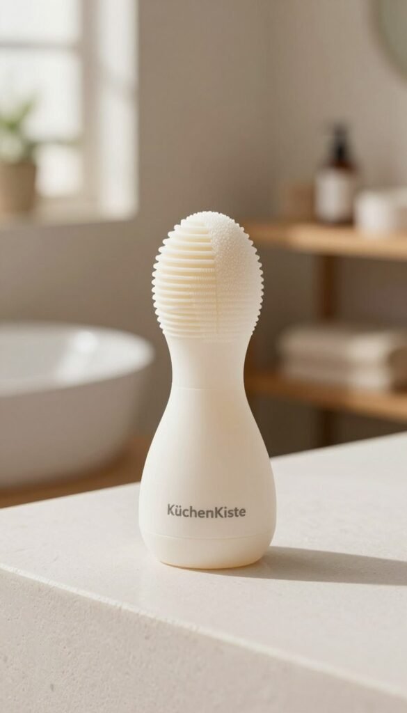 A silicone cleansing tool designed for sensitive skin, placed elegantly on a soft, textured white surface. The tool features a sleek, ergonomic design with gentle ridges and curves, showcasing its promise of gentle cleansing. In the background, a soft-focus, warm-toned bathroom setting complements the tool, with hints of calming natural elements like potted plants and wooden shelves. Natural light filters in from a nearby window, creating a warm and inviting atmosphere. The overall mood is serene and professional, ideal for a beauty-focused article. The brand logo "KüchenKiste" is subtly integrated into the image, reflecting authenticity and care in skincare.
